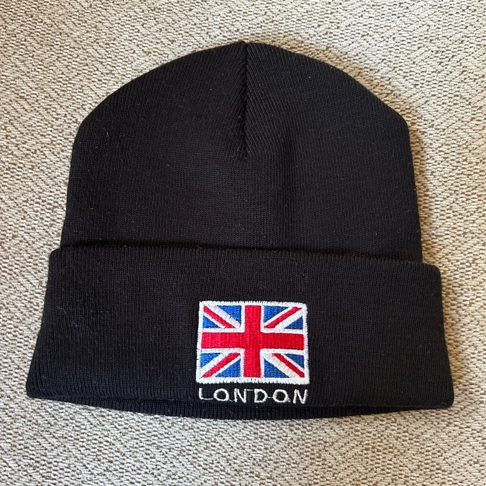 Black London England Beanie Hat with Union Jack EUC Men’s Womens Britain British